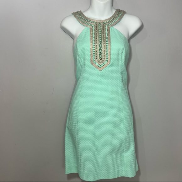 Lilly Pulitzer Mint Pastel Green Dress w/ Beaded Neckline size 2 Preppy Summer - Picture 3 of 12